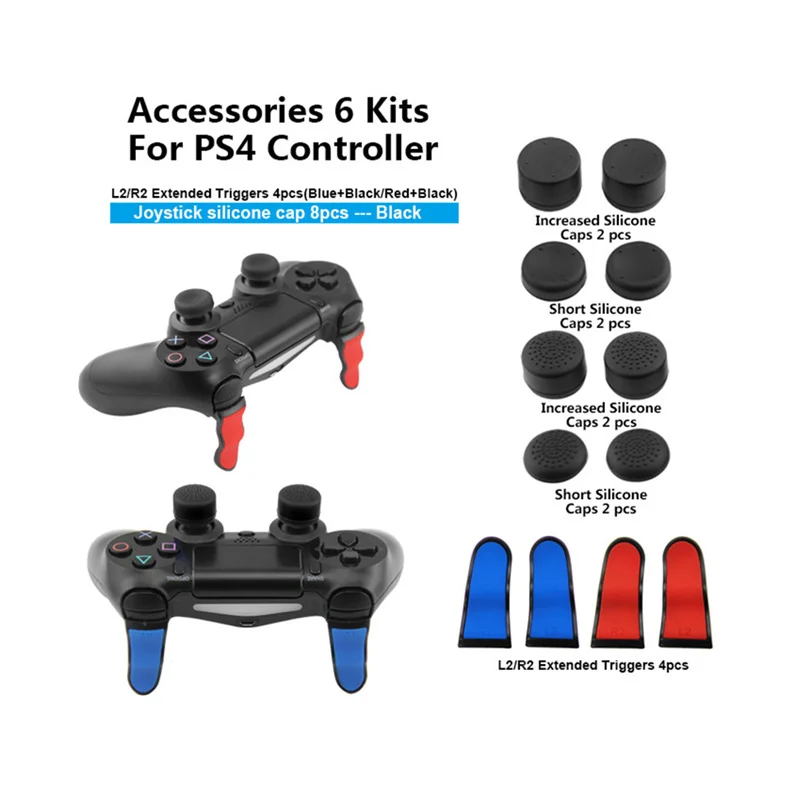 

12 in 1 Silicone Analog Sticks Grip for Dualshock 4 PS4 Slim Pro Controller Thumbstick Caps with R2 L2 Trigger Extender button, Black;red;blue;green;orange
