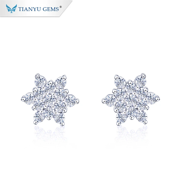 

tianyu gems hot sale snowflake 925 Sterling silver gold plated white moissanite stud earrings for ladies