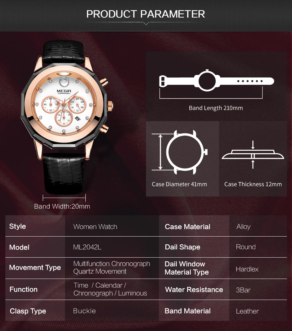 Reloj De Pulsera De Cuarzo Megir 2042,Reloj De Pulsera De Reloj MEGIR de lujo con cronógrafo y fecha para mujer, Reloj