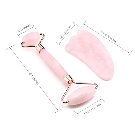 handheld double welded  facial massage natural pink rose quartz jade roller