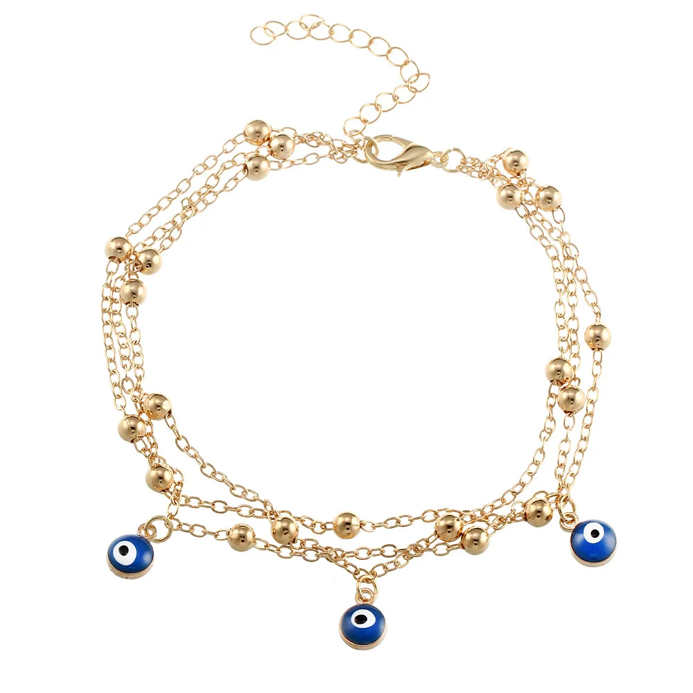 

Wholesale Three Layer 18k Gold Chain Blue Eye Anklet Bracelet Turkey Evil Eyes Anklet for Women