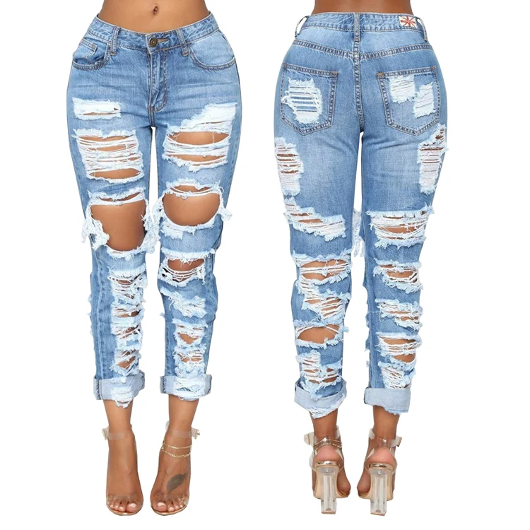 Xintang Wholesale  Jeans Fancy Girls Stylish Scratch Trousers Guangzhou Female Women Ripped Destroyed Denim Damaged Jeans
