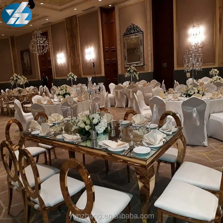 
Gold Stainless Steel Frame Mirror Glass Top Banquet Table 
