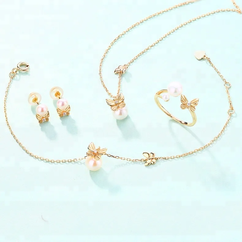 

Italian dainty fine jewellery gold freshwater pearl 925 silver butterfly jewelry set