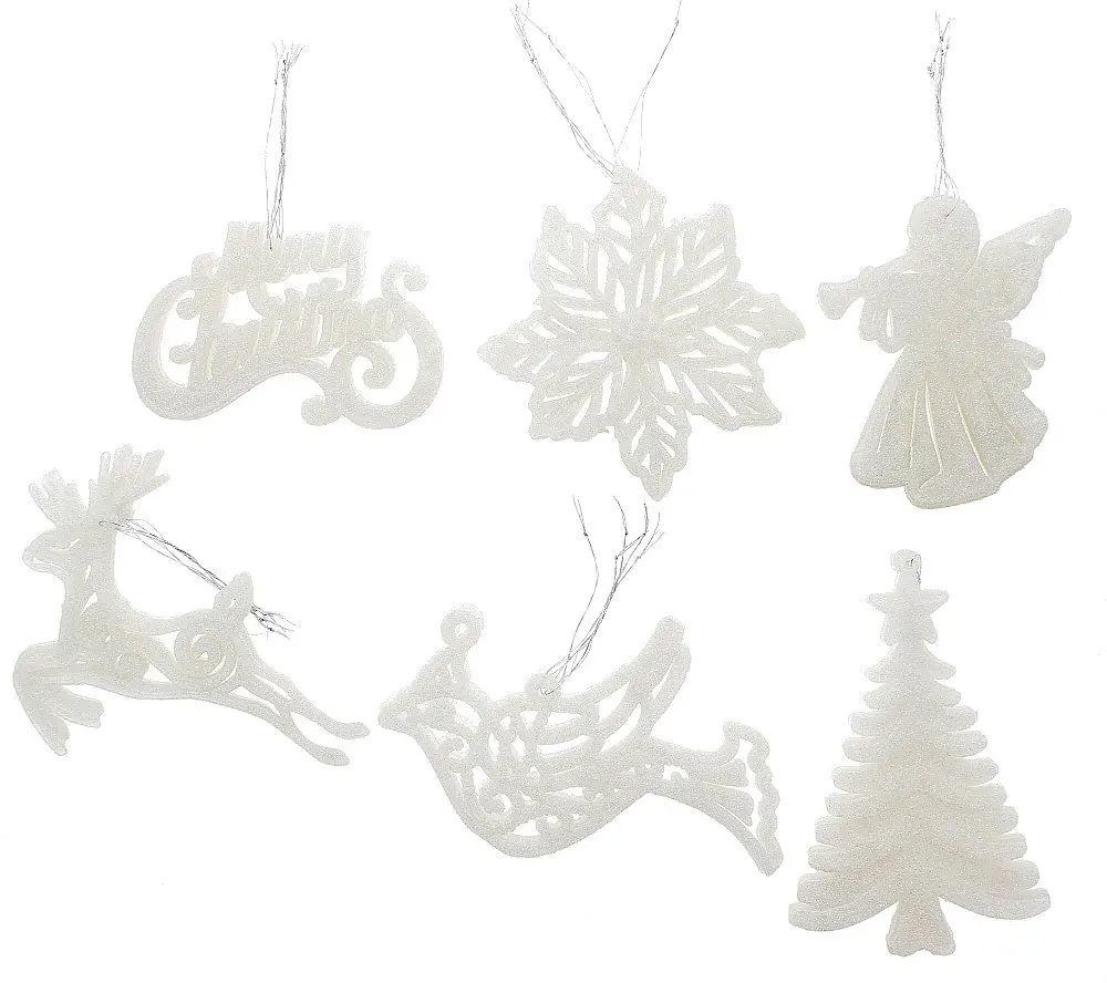 Elegant Fancy Shatterproof Sparkling Shimmering Christmas Glitter Holiday Variety Shaped Ornaments (Bird, Poinsettia, Tree, Angel, Merry Christmas & Deer) , White, Medium, 6 Pack, 4"-5"