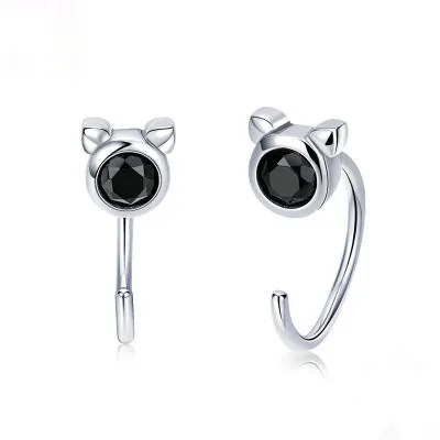 

Black Crystal 925 Sterling Silver Cat Hoop Earrings for Girls