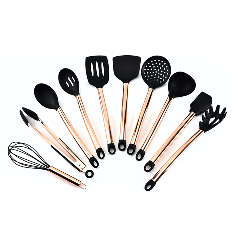 

Silicone Kitchen Utensils Kitchenware Cookware 10-Pieces With Copper plated Handles, Black