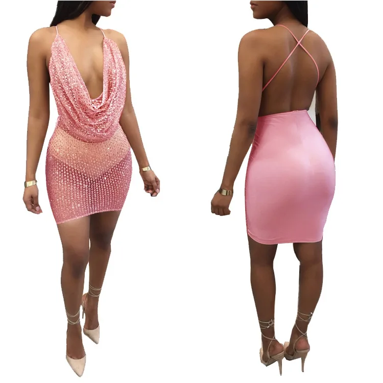 Shiny Solid Color Woman Backless Sexy Dress Party Nigerian African