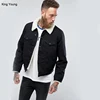 KY 100%cotton Button placket Functional pockets Fleece Lined man denim jean Jacket In Black