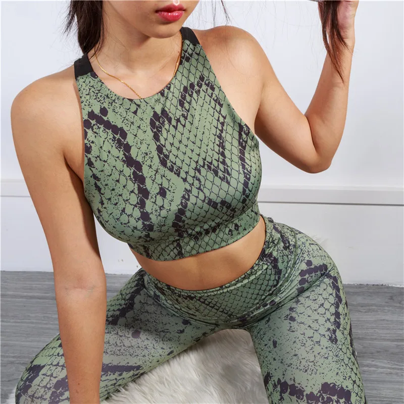 

Retail Blank Logo Snakeskin Print Fitness Gym Two Piece Women Clothing Body Yoga Wear Suit Set, Green pink
