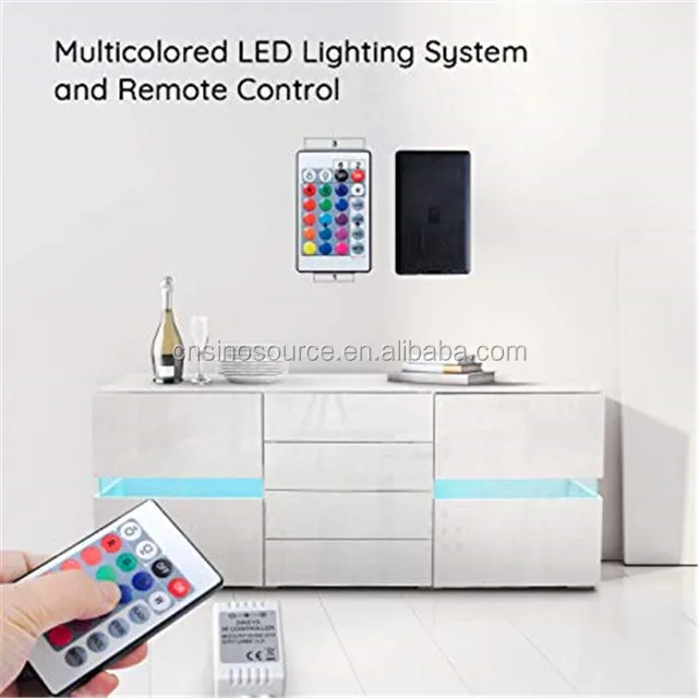 Sideboard Cabinet White Cupboard With Free Rgb Led Lighting,High Gloss ...