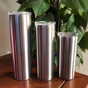 Image of 30oz skinny stainless steel tumbler straight double wall insulation vacuum water wine mugs with sliding lid and straw