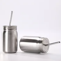 

14oz outdoor travel mug stainless steel drink tumbler ss water bottle double wall 420ml mason jar with straw