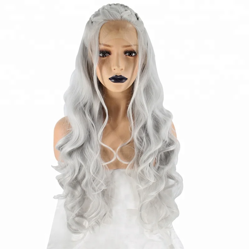 

Anogol Game of Thrones Daenerys Targaryen Wigs Body Wave Hair Silver Grey Braided Synthetic Lace Front Wig For Women