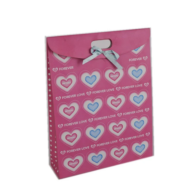 Latest Design Foldable Sticker Heart Print Children Red Bowknot Gift Paper Gift Bags