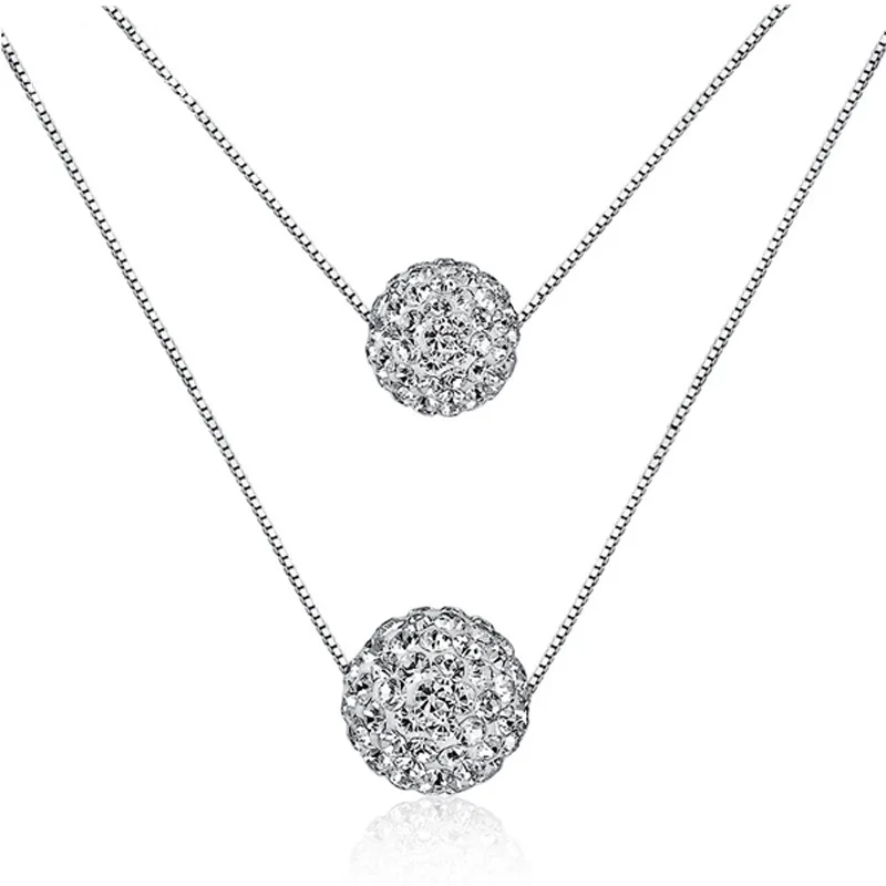 

16 Inch White Gold Plated 925 Silver Ladies Necklace Double Chain and Ball Simulated Diamond Rhinestone, Rhodium / gold