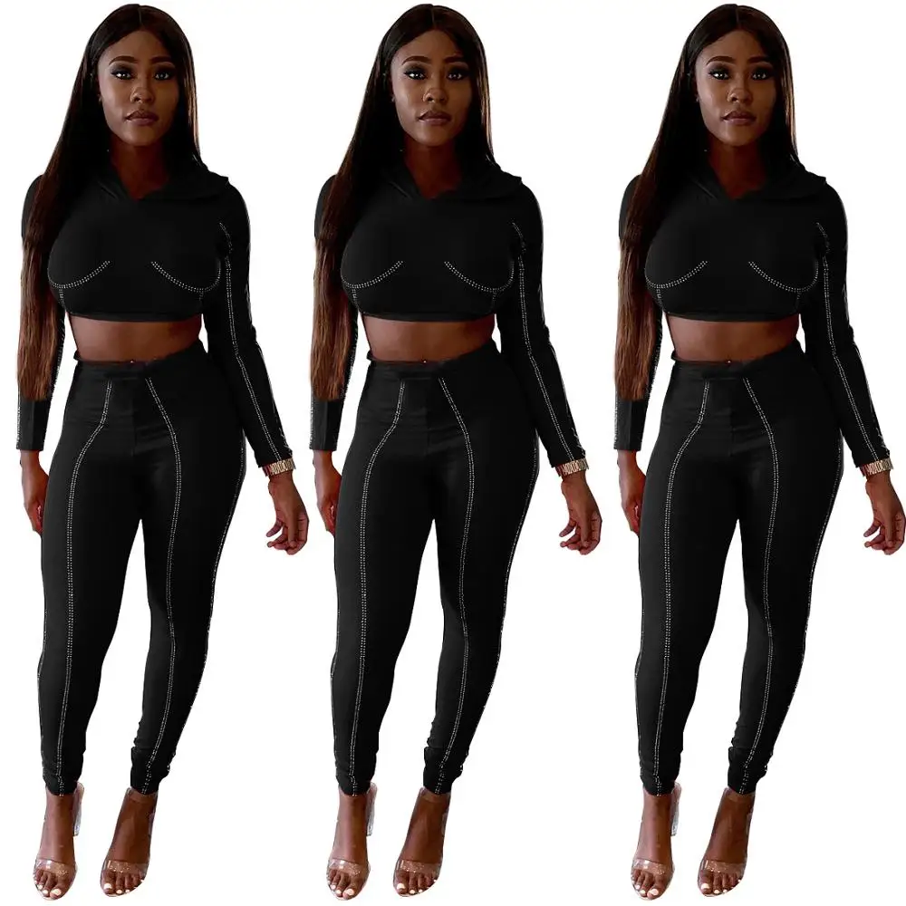 

FM-Q191 wholesale simple design custom hot drilling hoodie Suit Wholesale Fitness Women Two Pieces set, Black