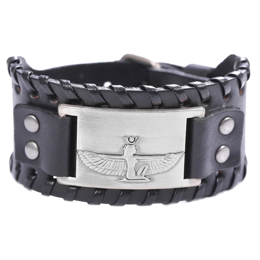 

Newest Queen of Egypt Holy Guardian Angel and Cleopatra Antique Silver Genuine Leather Wide Men Bracelet Men Jewelry