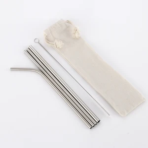 Image of Reusable Metal drinking Straw with Cleaning Brush 18/8 Stainless Steel Drinking Straws
