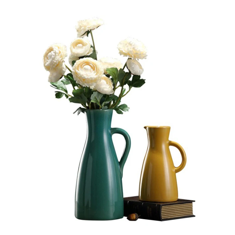 

Vintage yellow green Ceramic Pottery Handled Vase With A kettle Design