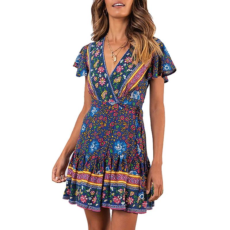

Factory Price Beautiful Summer Printed Flower Women Mini Beach Dress
