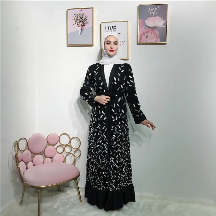 

New design abaya black muslim women dress white lace leaf fashion front open abaya, Black,gray,navy,beige