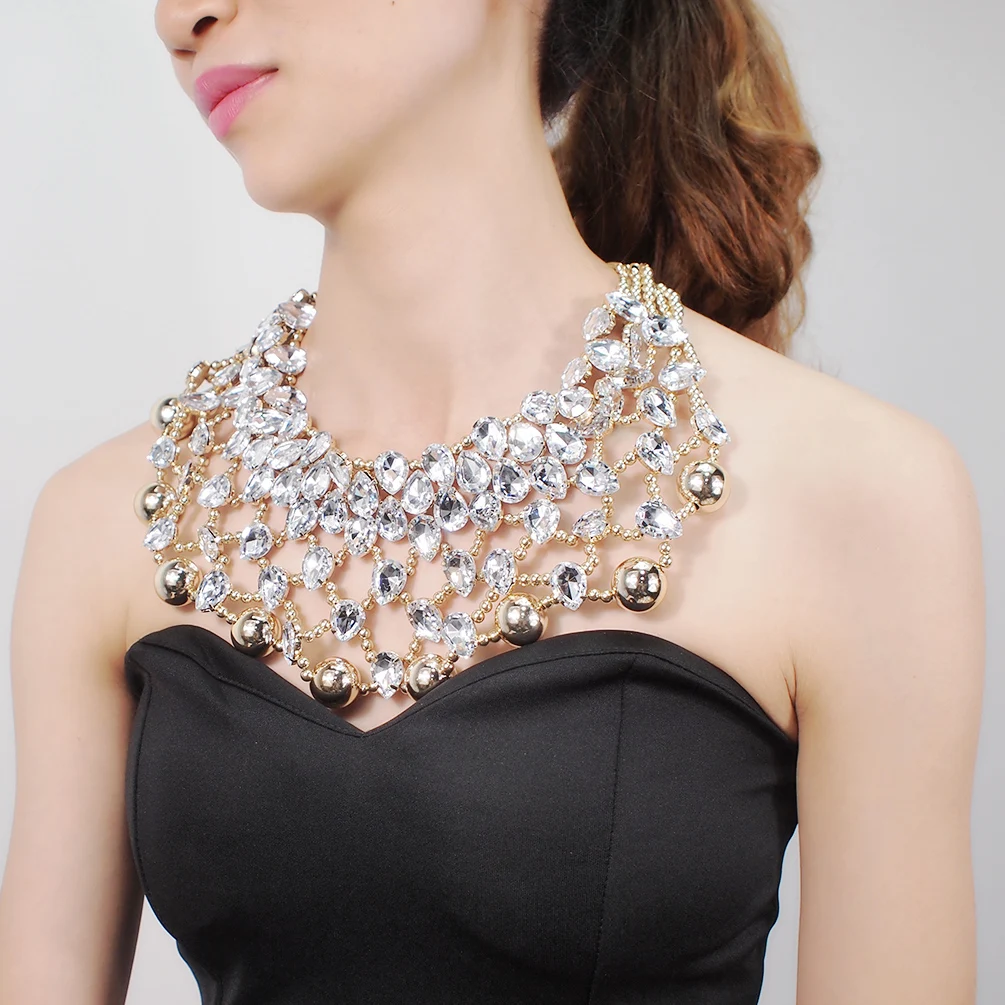 Luxury Crystal Beads Chunky Necklace Bib Collar Statements Necklace Chokers Women Bride Wedding