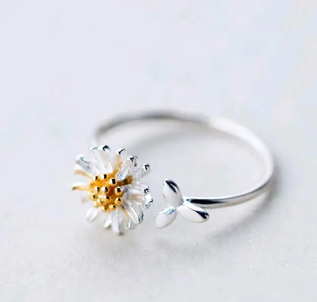 SR104-009 Halo simple open size elegant style gold daisy flower 925 sterling silver rings