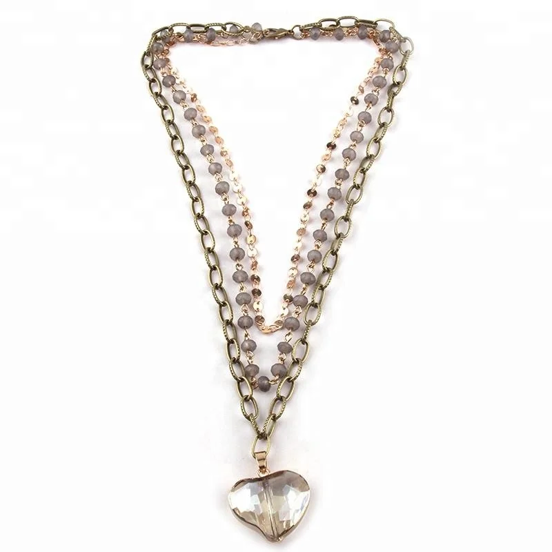 

Fashion3 Layer Multiple Glass Crystal Rosary Link Chain Glass Heart Pendant Necklaces