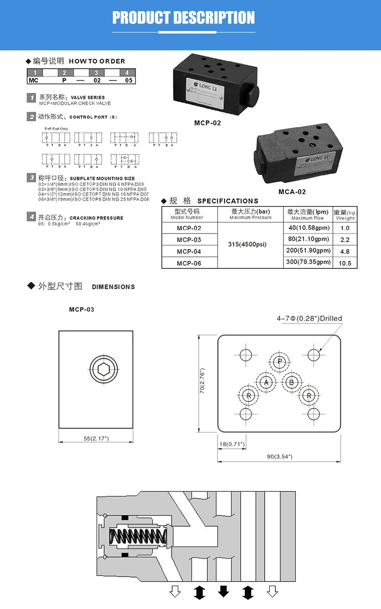 MCP03 Yuken type hydraulic high pressure tools one way check valve