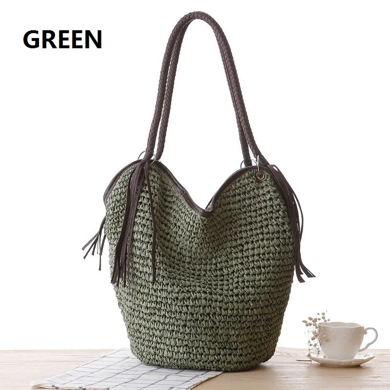 

Trend Summer Women Lady Girl Tassels Paper Crochet Straw Casual Tote Bag for Beach Travelling, Green,red,brown,beige