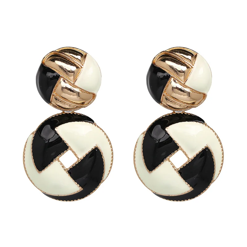 

180801306 golden jewelry earrings hollow round custom enamel earrings black and white pendant earrings, As photo