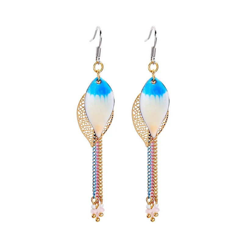 

ed02025d Enamel Leaf Gold Plated Leaf Metal Chain Tassel Custom Stylish Earings 2021