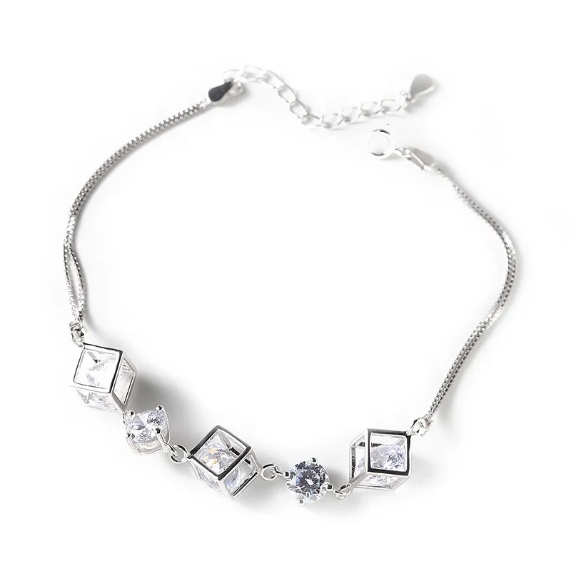 

Double Layer Box Chain Square Hollow Beads AAA Cubic Zirconia 925 Sterling Silver Bracelet, White, champagne