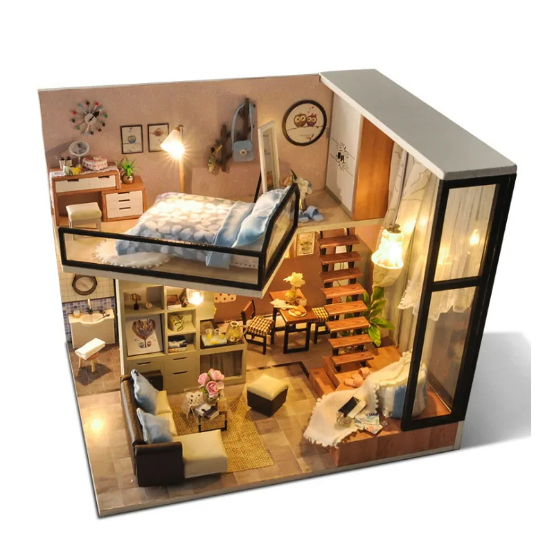 
Handmade double floor model furniture kits miniature LED lights wooden dollhouse diy TYD2284  (60791723811)
