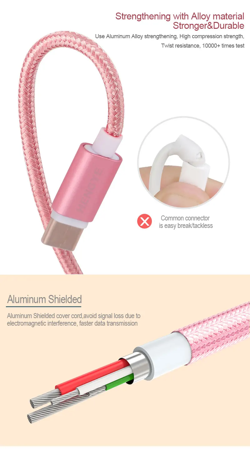 Hengye 1M 3FT Nylon Braided Cord 2A Metal Charger Data Sync Charging Usb Type C Cable 3.0