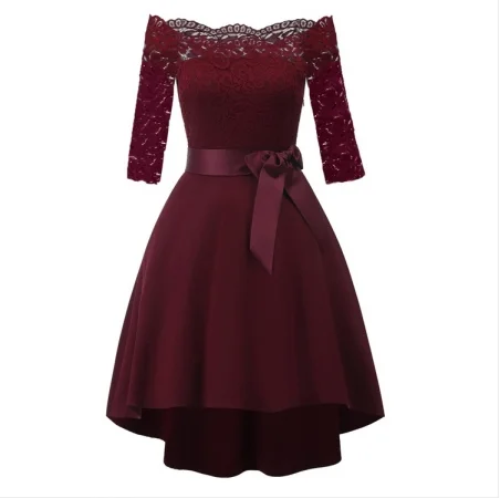 2019 ladies slash neck bridesmaid dresses short lace dress Off Shoulder Lace Upper High Low Skater Dress