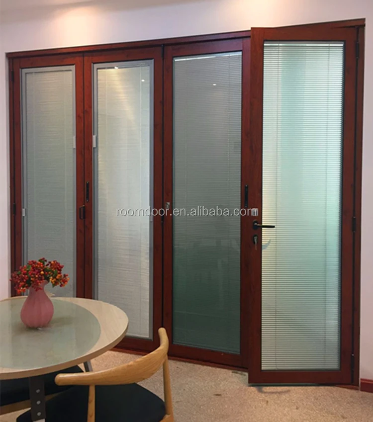 Interior aluminium cheap folding glass door with inside blinds for house