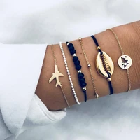 

6Pcs/Set Trendy Shell Plane Bracelet Map Bead Chain Bracelet Set for Women Metal Gold Color Charm Bracelet (KB8139)