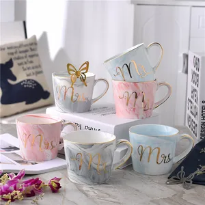 Image of Handpainted Gold Monogram Natural Marble Porcelain Coffee Mug Mr and Mrs Tea Milk Cup Creative Wedding Anniversary Gift