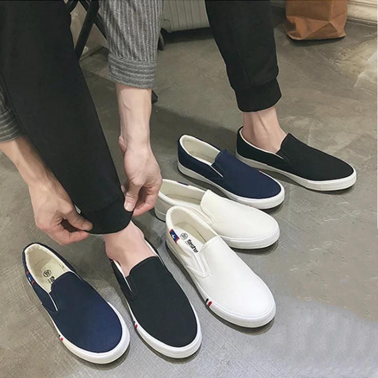 

Factory Supply White Canvas Shoes Wholesale Plimsolls Women Ladies OEM Leisure Lazy Casual Loafers Slip On Men Shoes Sneakers, White/black/blue