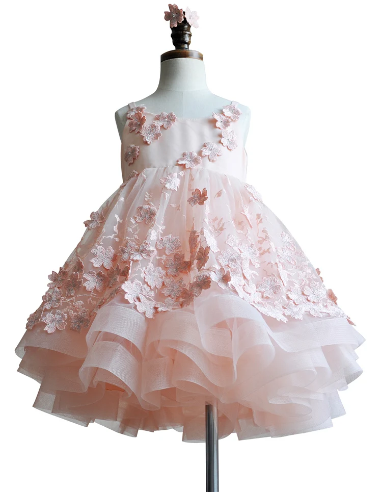 

flower girl dress with tulle pink flowers shoulder strap Knee Length Flower Applique wedding party dress, As the picture