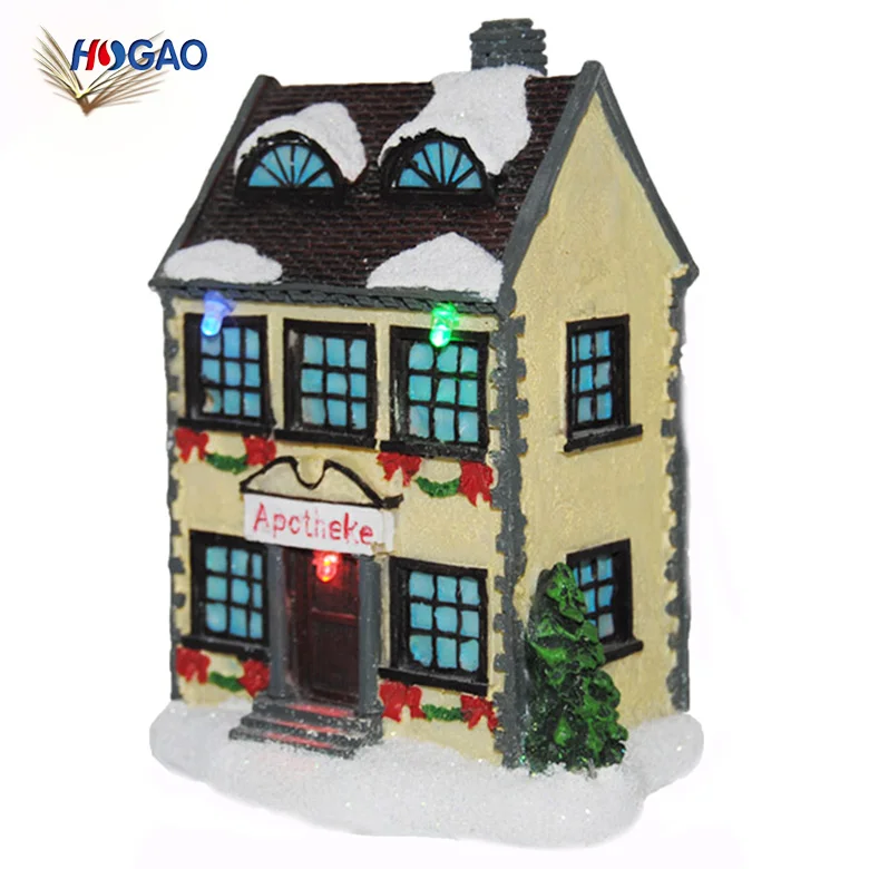 Oem Christmas Village Decoration Resin Village House Led Lights Custom