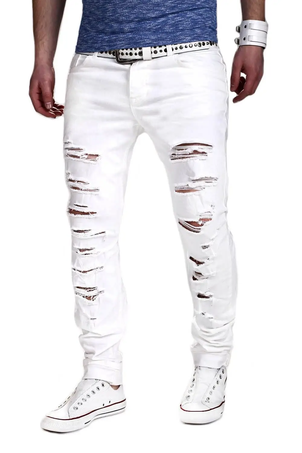 Brand Name Offers Men Destroyed Ripped Jeans Fashion White Stretchy ...