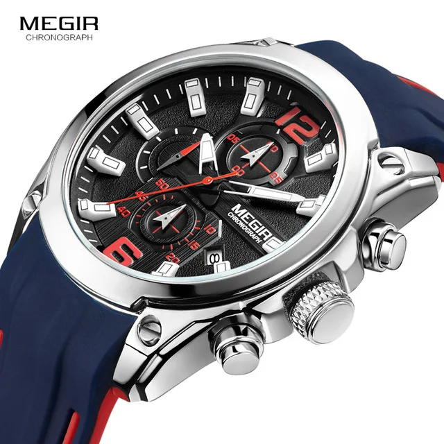 

Megir 2063 Mens Quartz Watch Chronograph Silicone Strap Watches, 3 color for you choose