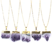 

Fashion gold plating natural amethyst slice healing stone purple crystal quartz druzy pendant necklace jewelry for women