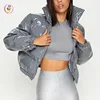 high shine dark grey vinyl puffer coat stand zipper women down puff jacket