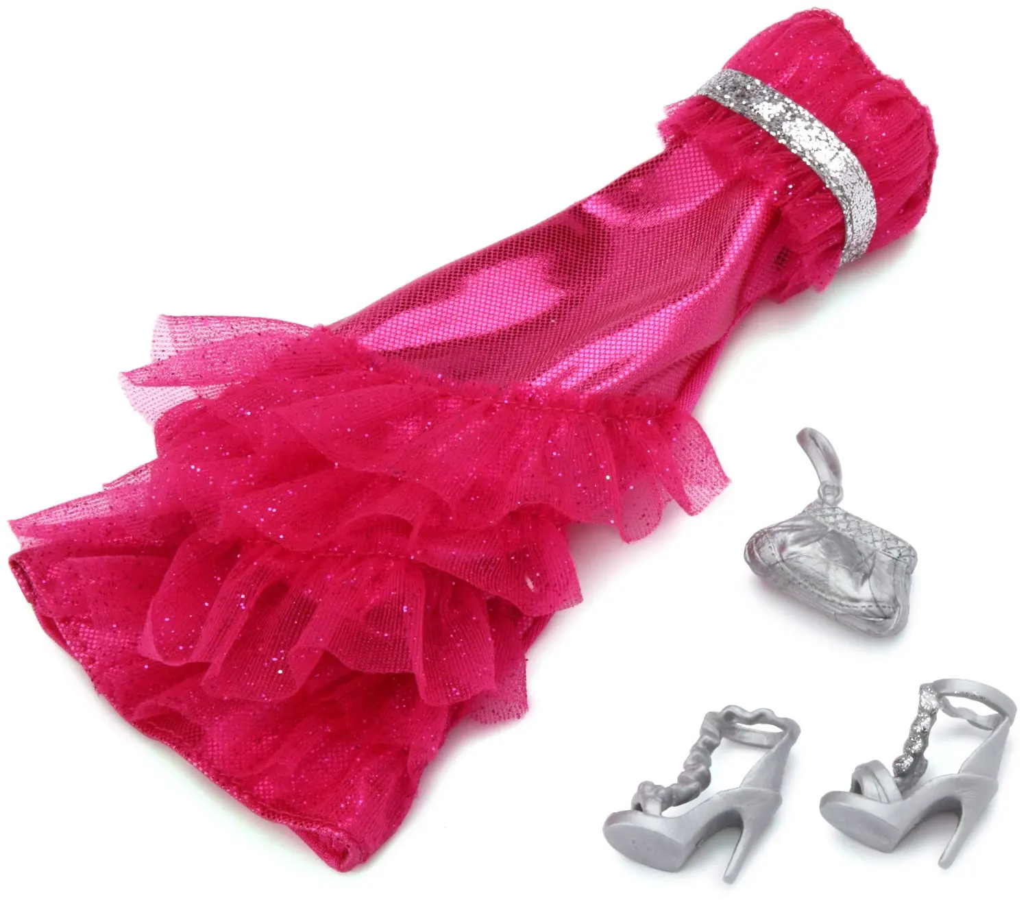hot pink dress with silver shoes