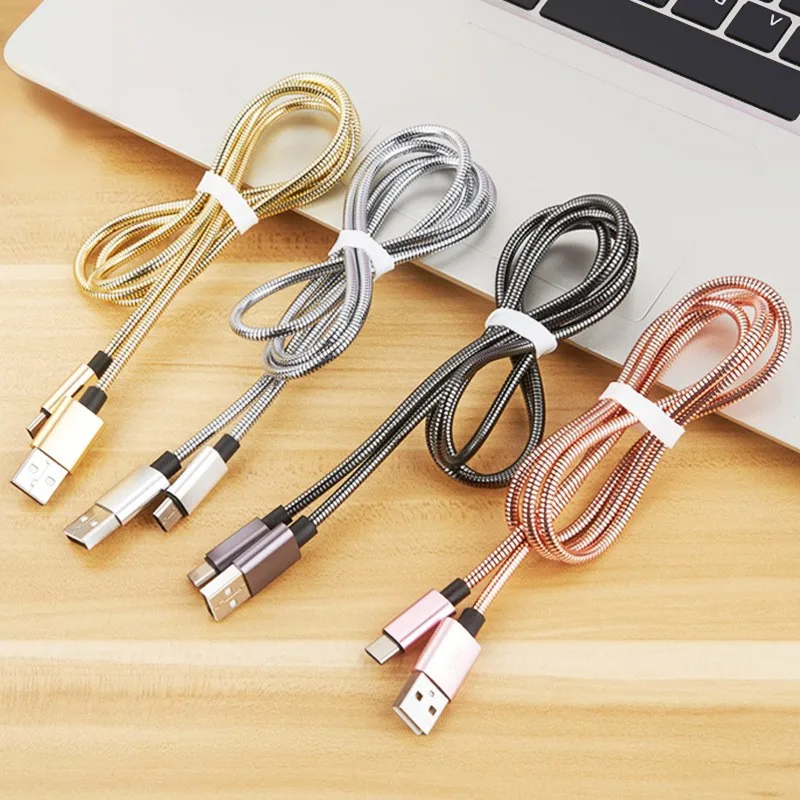 Durable Metal Braided Fast Charger Data Cable Stainless Steel Spring ...