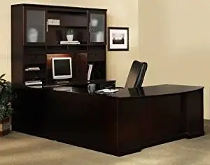 Mayline U Shaped Bow Front Desk W/Hutch Overall Footprint: 72" X 111" X 72" Bow Front Desk: 72"W X 39"D X 29 1/2"H Bridge: 48" X 20", Credenza: 72"W X 24" - Espresso - Bridge on Right (Shown)